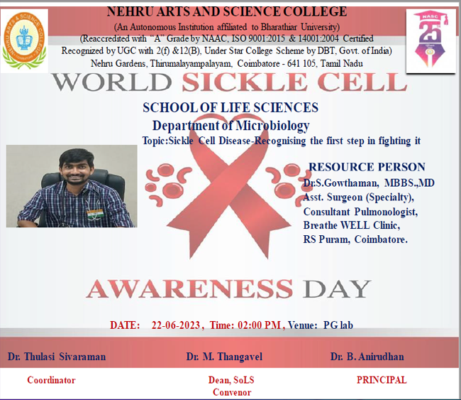 World Sickle Cell Awareness Day Organise by Nehru Arts & Science College, Department of microbiology, ThirumalayamPalayam, Coimbatore